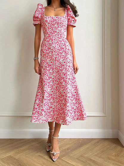 Damen Sommerkleid Rechteck-Ausschnitt Midi-Kleid