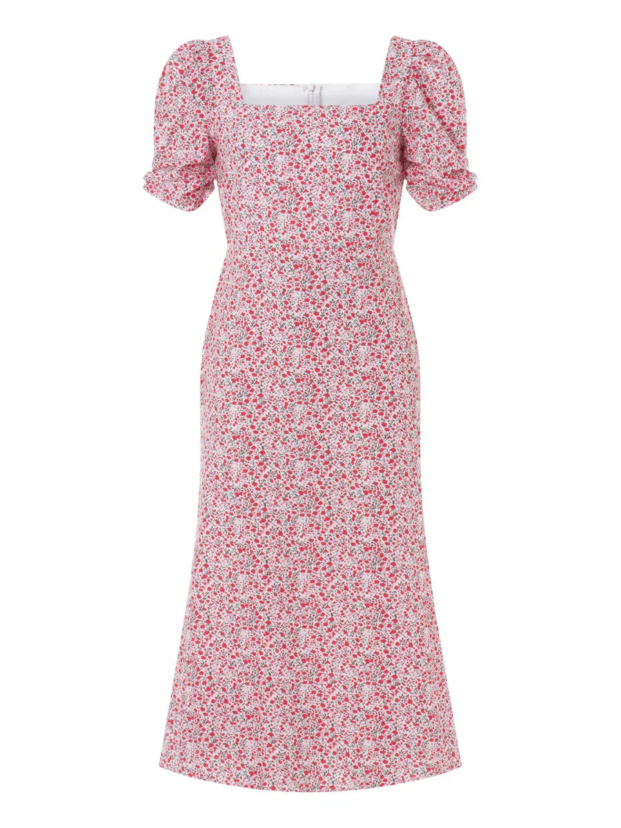 Damen Sommerkleid Rechteck-Ausschnitt Midi-Kleid