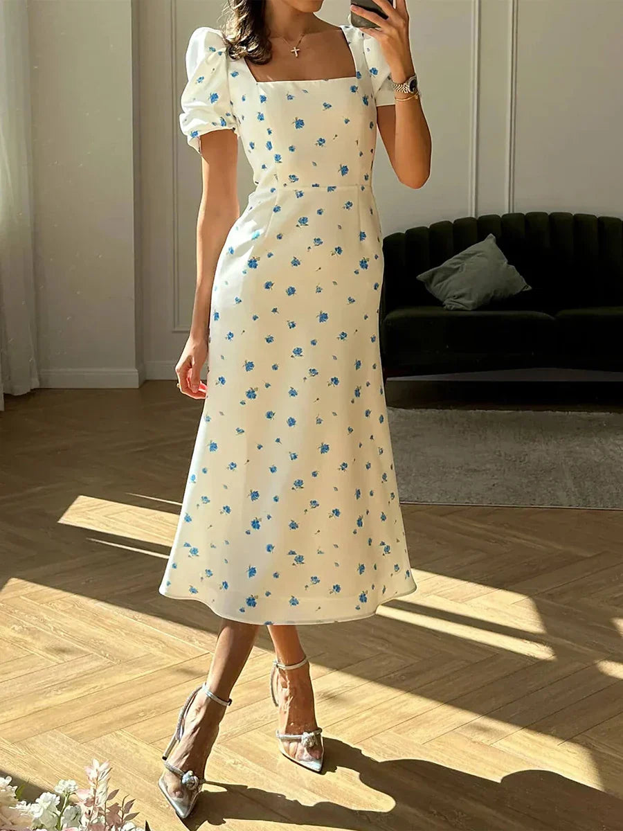 Damen Sommerkleid Rechteck-Ausschnitt Midi-Kleid