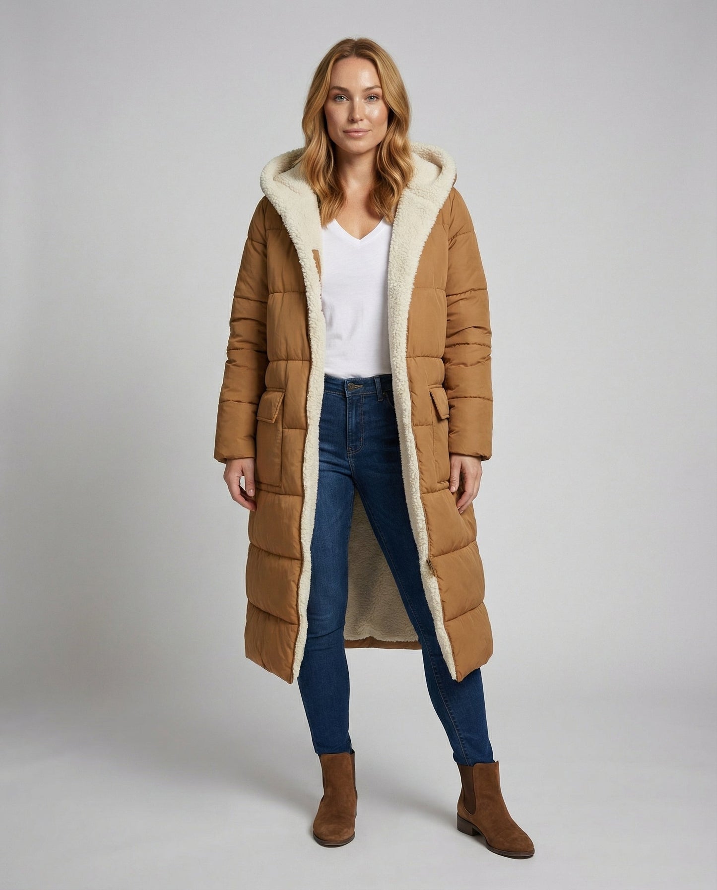 Damen Pufferjacke Lang Wendbar