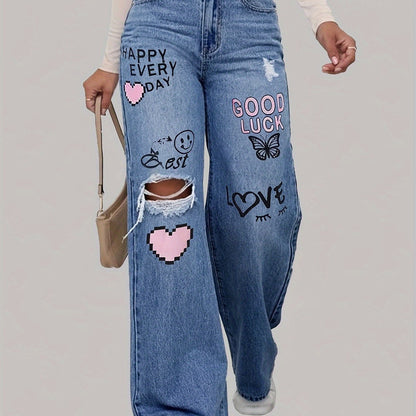 Weite Damen-Jeans Herz-Graffiti-Print Blau - Norvielle
