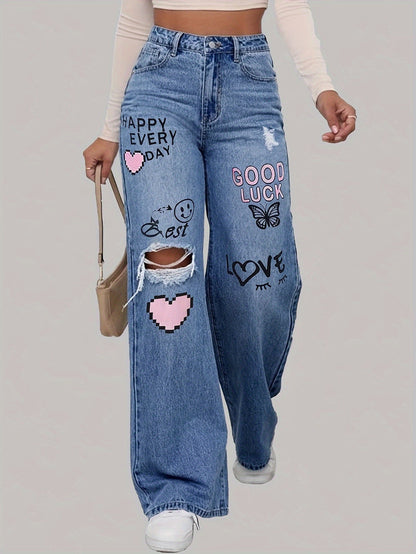 Weite Damen-Jeans Herz-Graffiti-Print