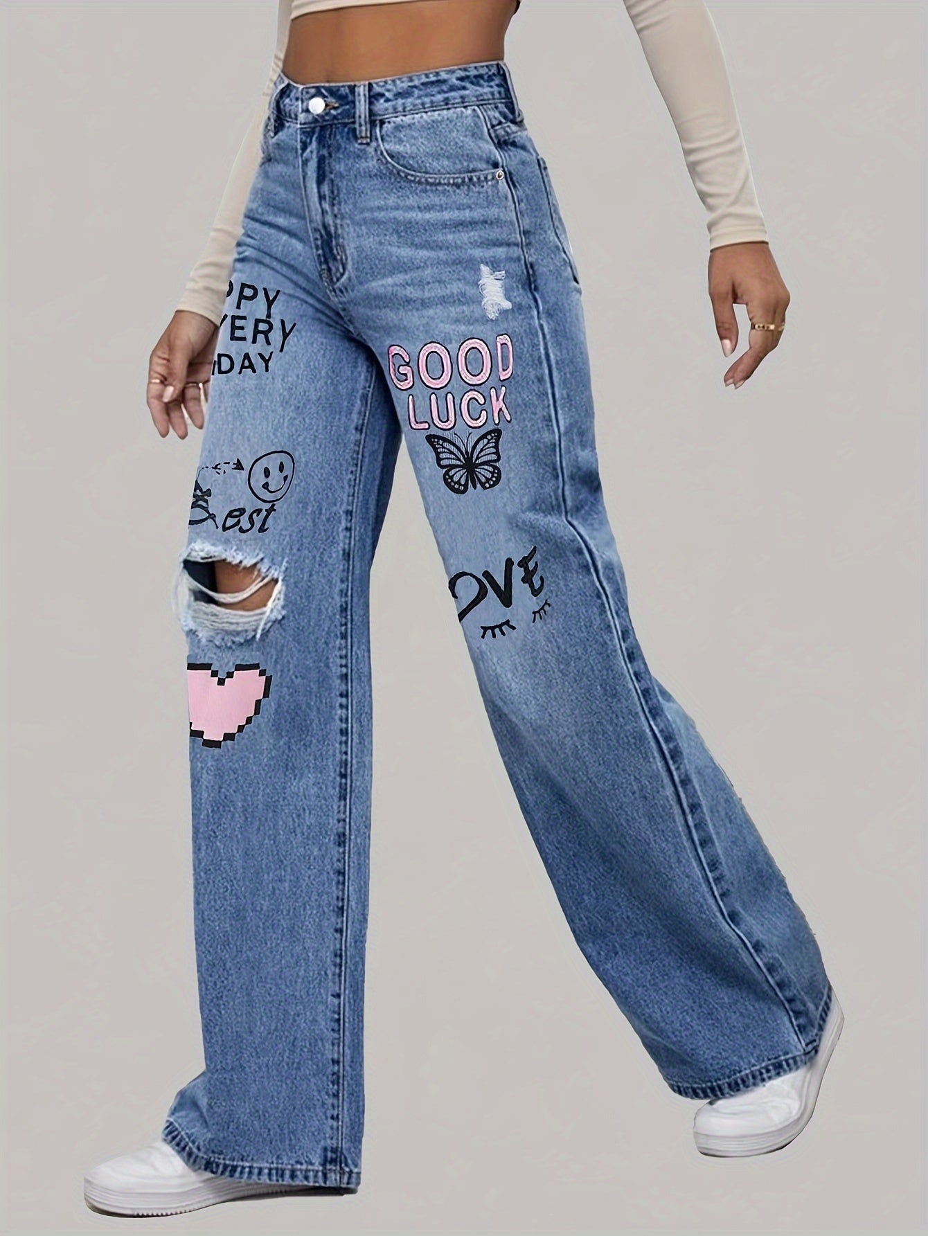 Weite Damen-Jeans Herz-Graffiti-Print