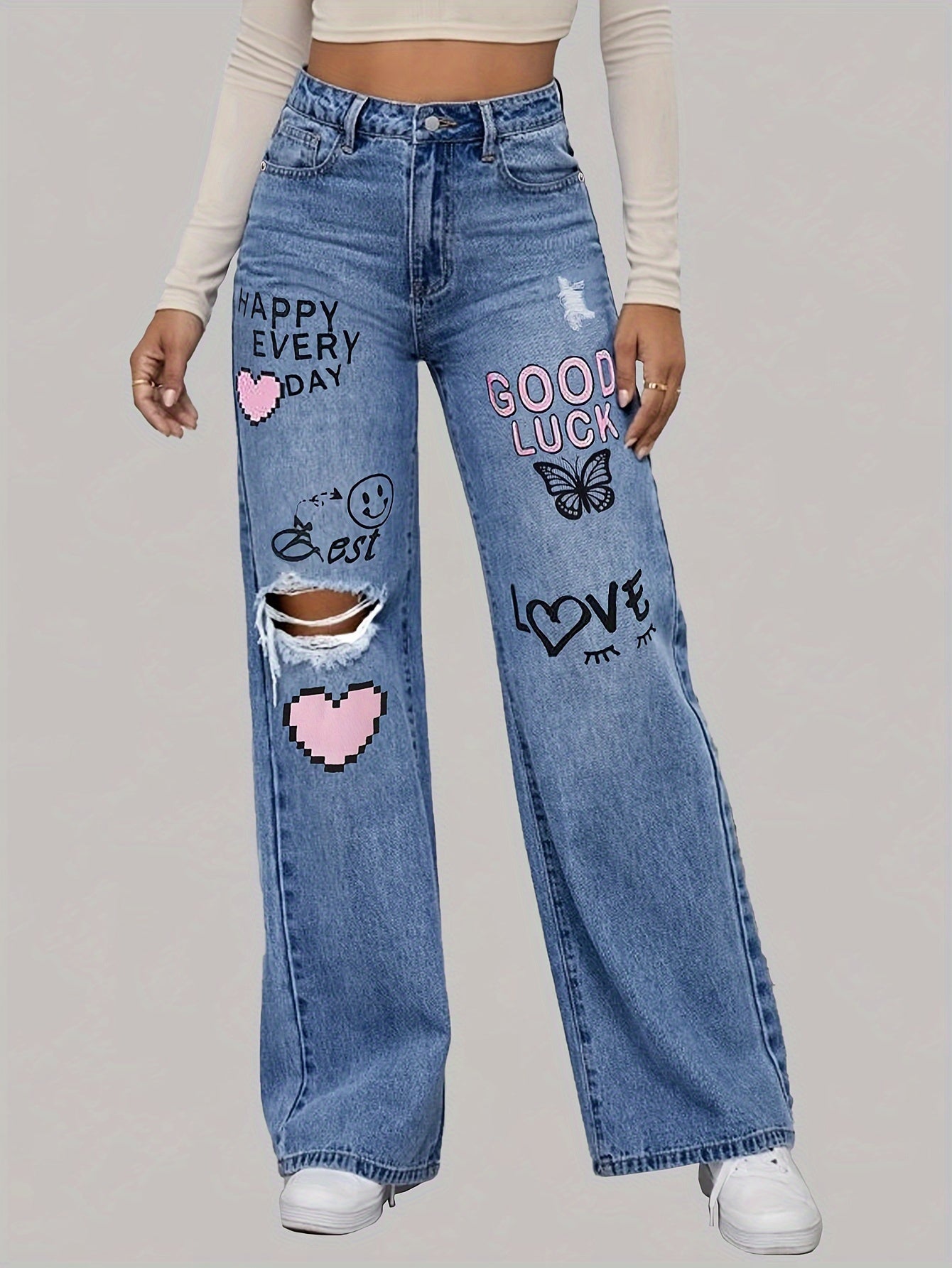 Weite Damen-Jeans Herz-Graffiti-Print