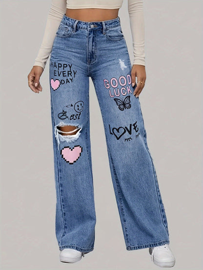 Weite Damen-Jeans Herz-Graffiti-Print