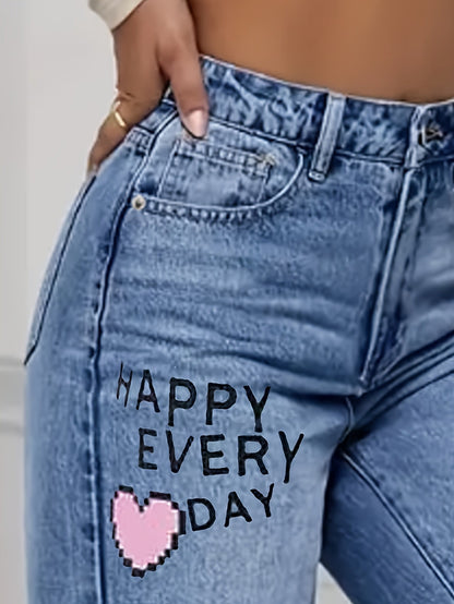 Weite Damen-Jeans Herz-Graffiti-Print