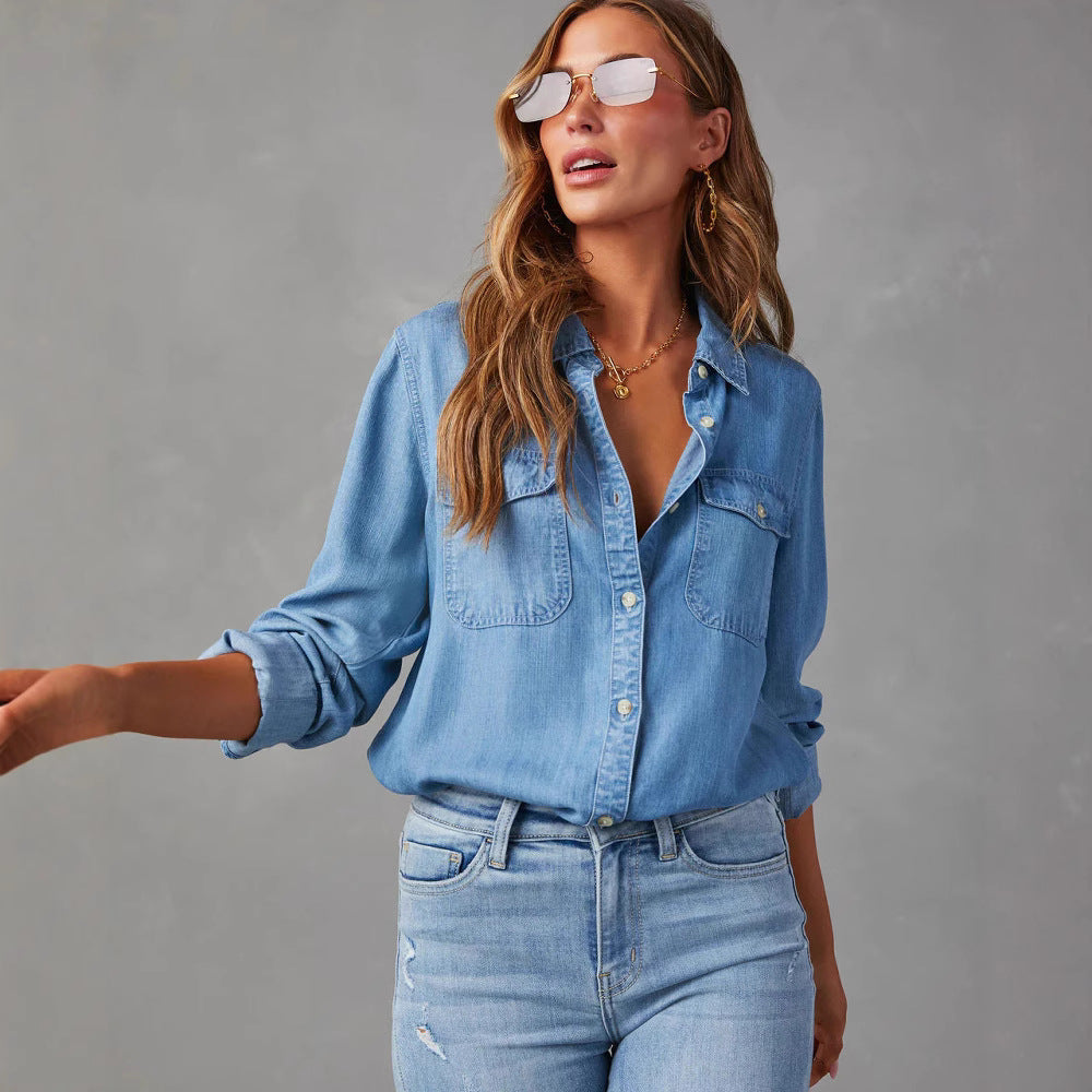 Damen Jeanshemd mit Brusttaschen Baumwolle Lässig