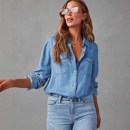 Damen Jeanshemd mit Brusttaschen Baumwolle Lässig