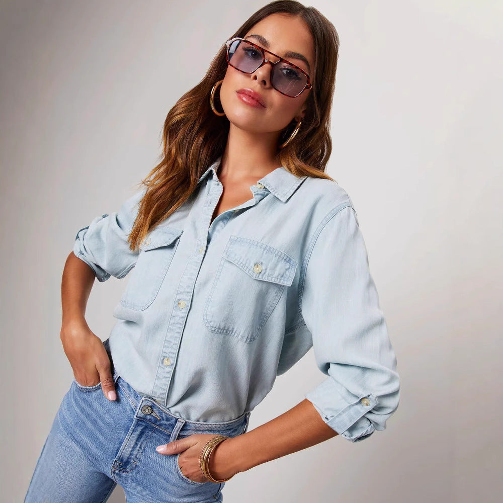 Damen Jeanshemd mit Brusttaschen Baumwolle Lässig