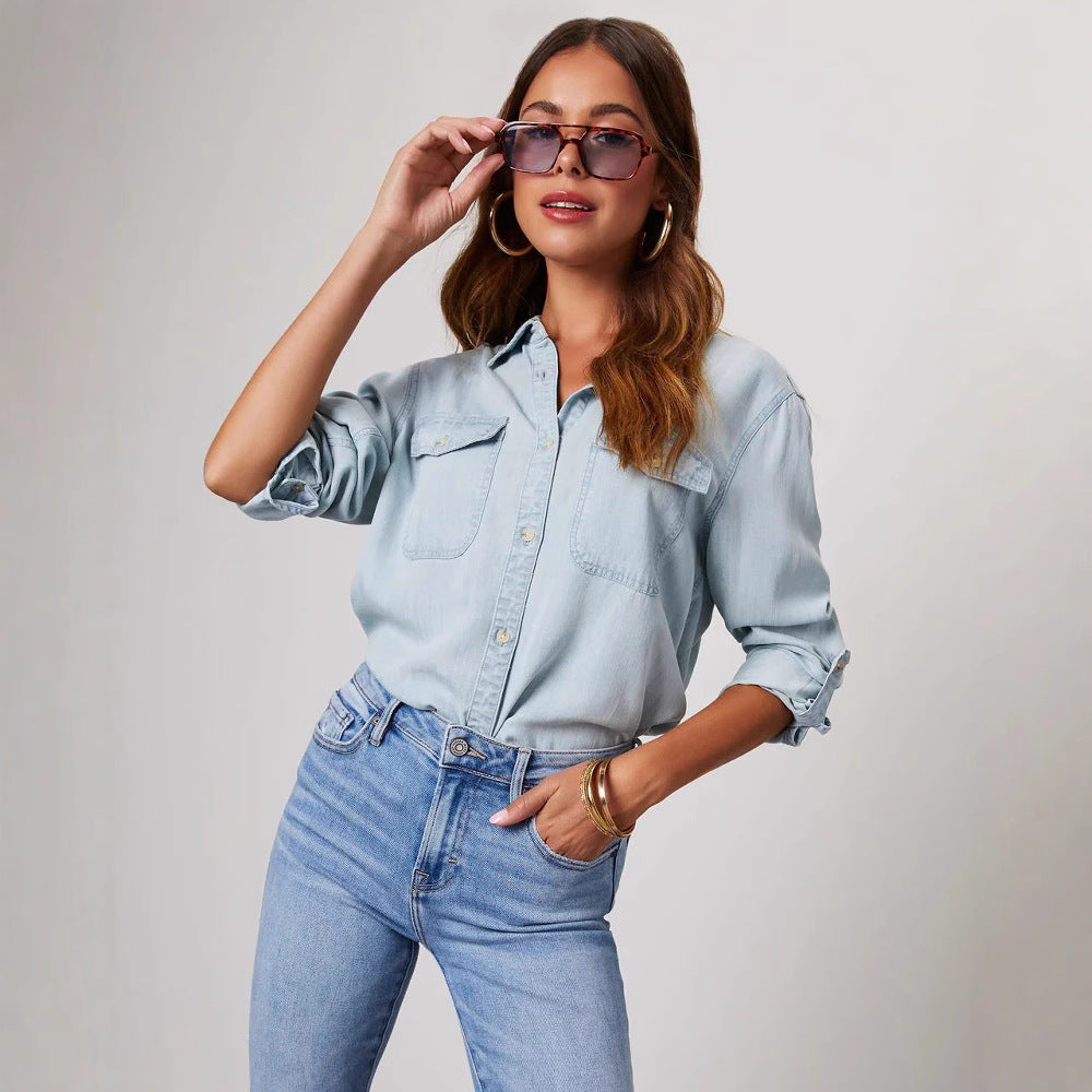 Damen Jeanshemd mit Brusttaschen Baumwolle Lässig