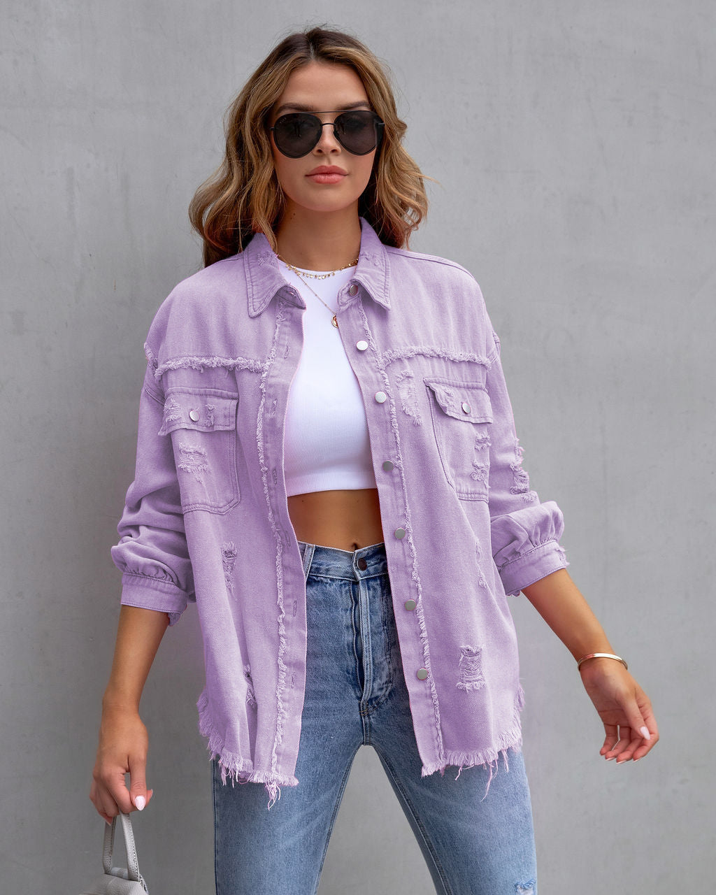 Damen Oversized Jeansjacke Distressed Look