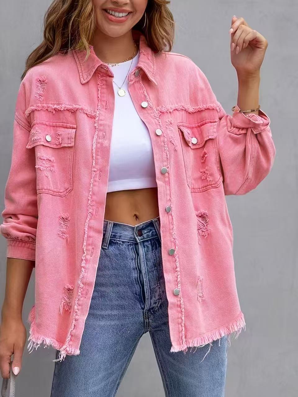 Damen Oversized Jeansjacke Distressed Look