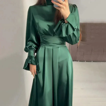 Damen Satin Maxikleid Dunkelgrün Stehkragen Puffärmel