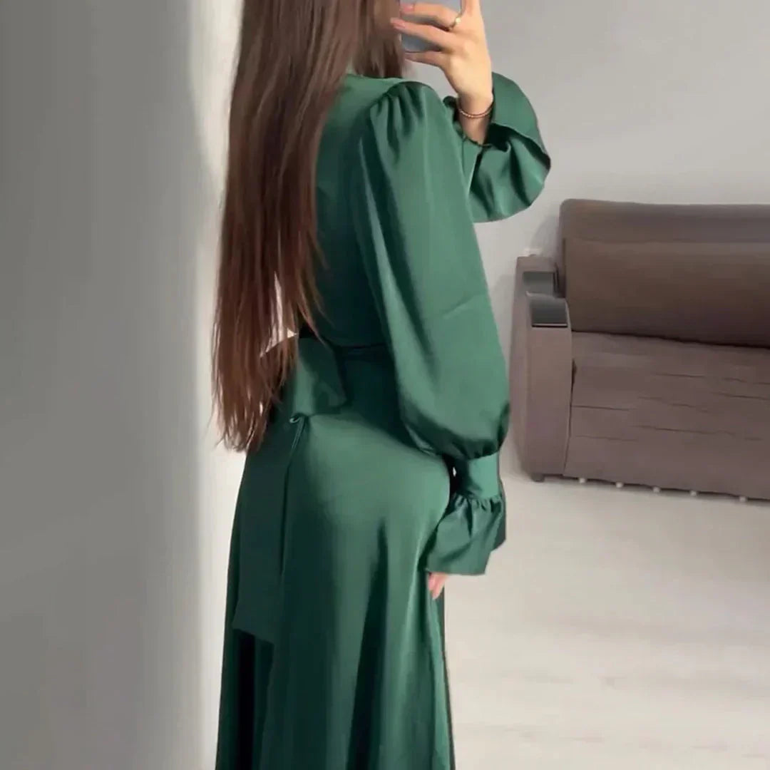 Damen Satin Maxikleid Dunkelgrün Stehkragen Puffärmel