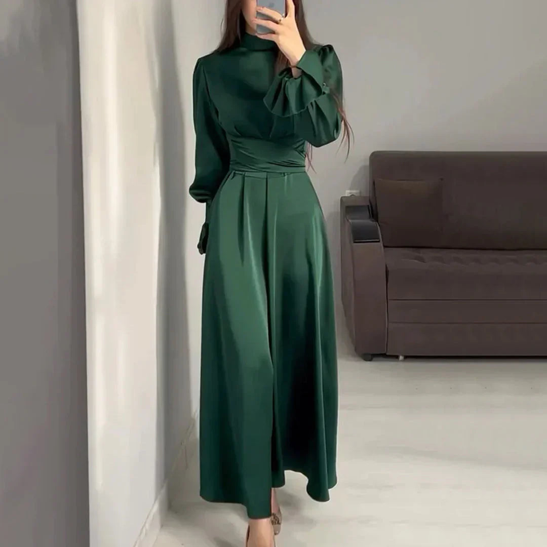 Damen Satin Maxikleid Dunkelgrün Stehkragen Puffärmel - Norvielle