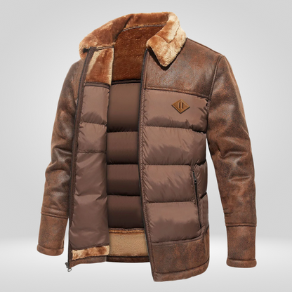 Daunenjacke – mit Reißverschluss – Pelzkragen – Winterlederjacke – Winterjacke für Männer-Braun-S-Chaps Herrenmode