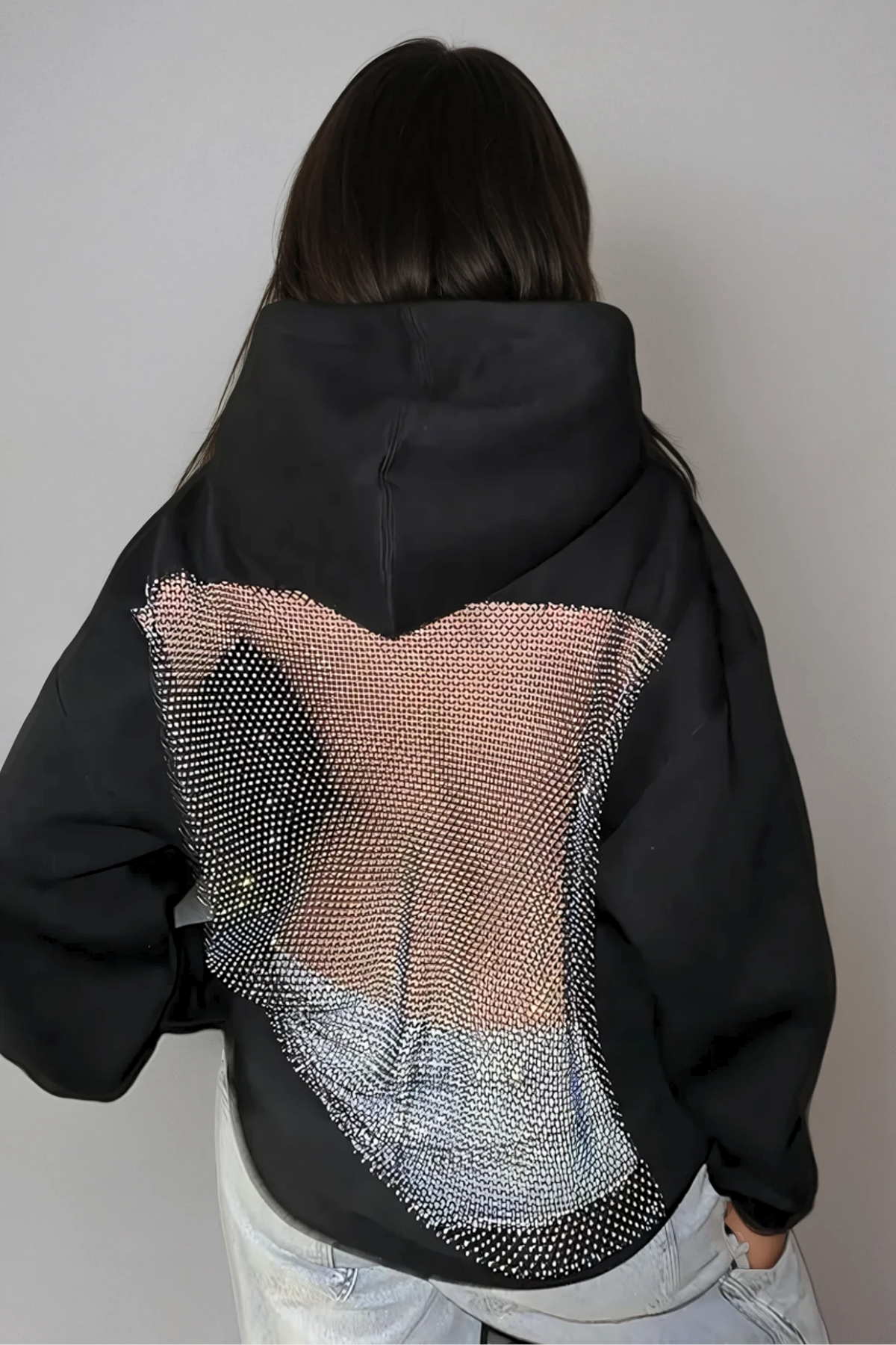 Damen Oversize Hoodie Glitzer Mesh Offener Rücken