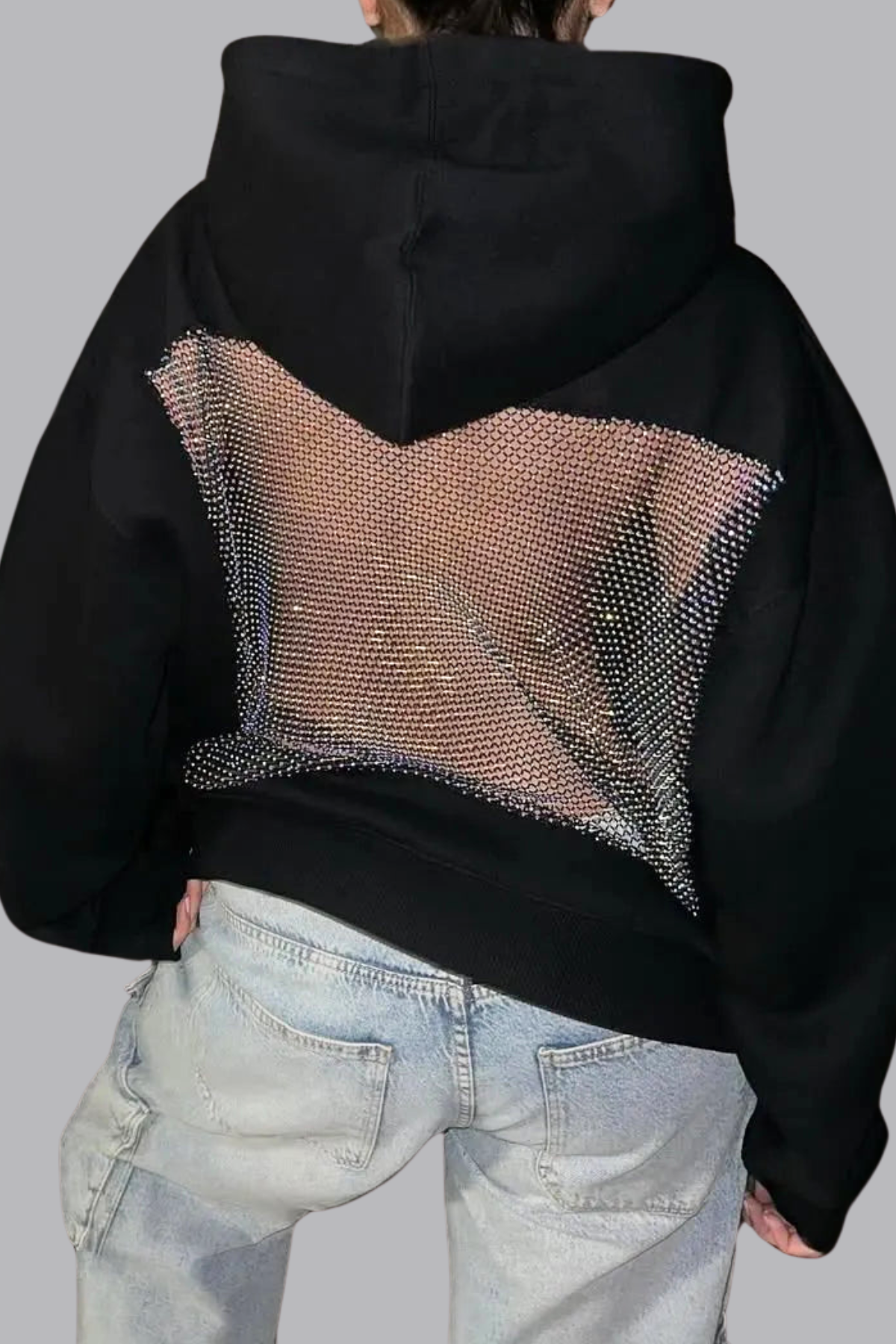 Damen Oversize Hoodie Glitzer Mesh Offener Rücken