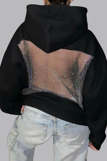 Damen Oversize Hoodie Glitzer Mesh Offener Rücken