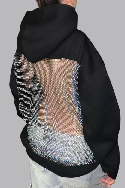 Damen Oversize Hoodie Glitzer Mesh Offener Rücken