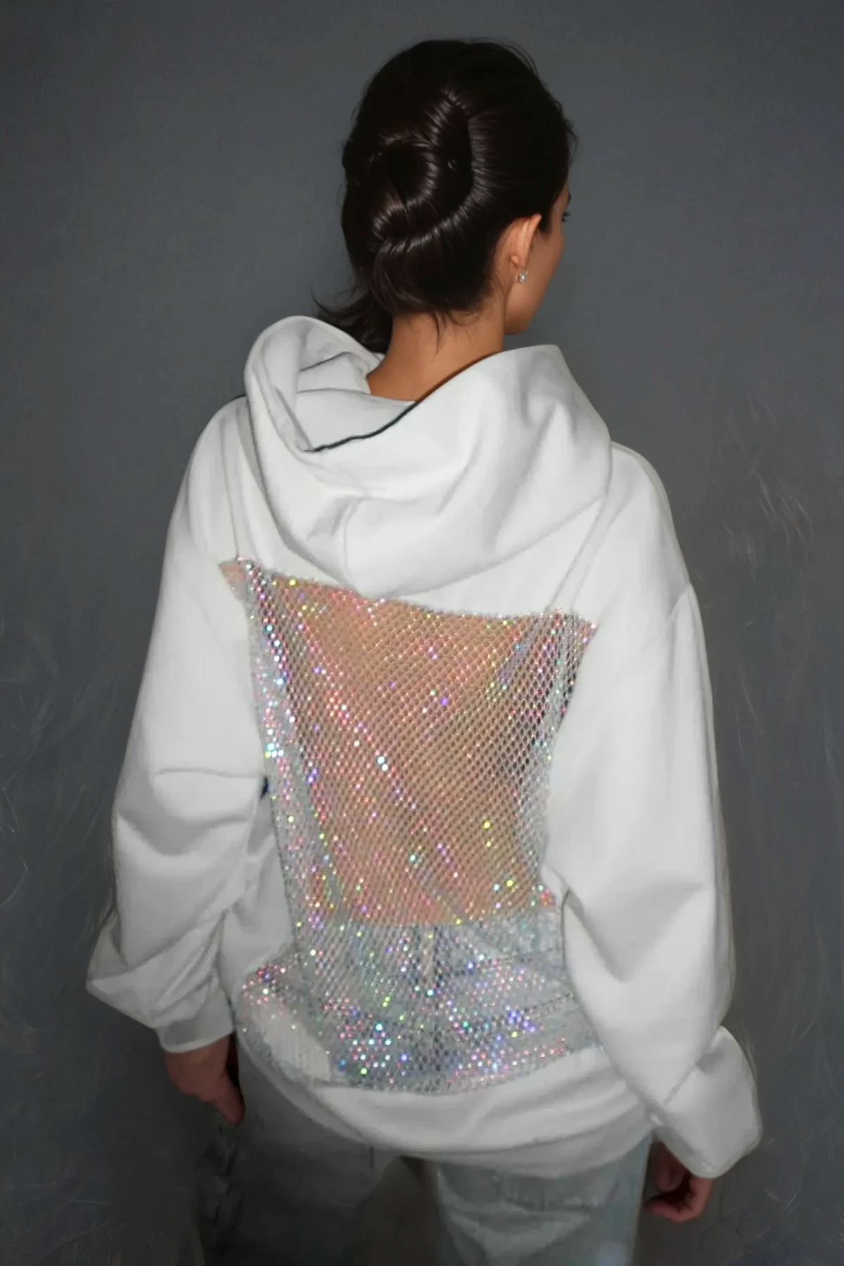 Damen Oversize Hoodie Glitzer Mesh Offener Rücken Schwarz - Norvielle