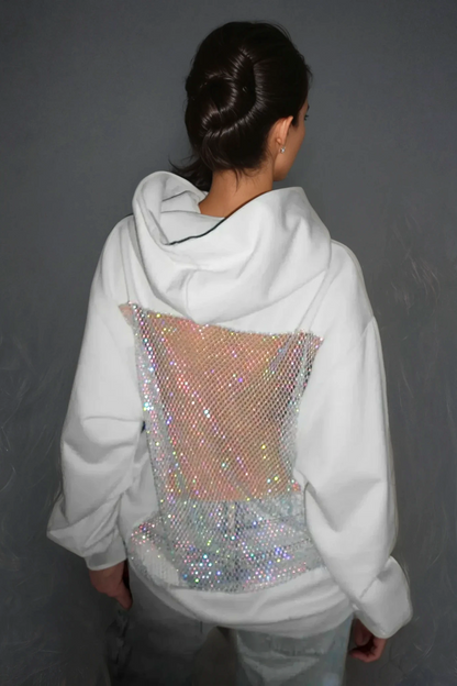 Damen Oversize Hoodie Glitzer Mesh Offener Rücken Schwarz - Norvielle