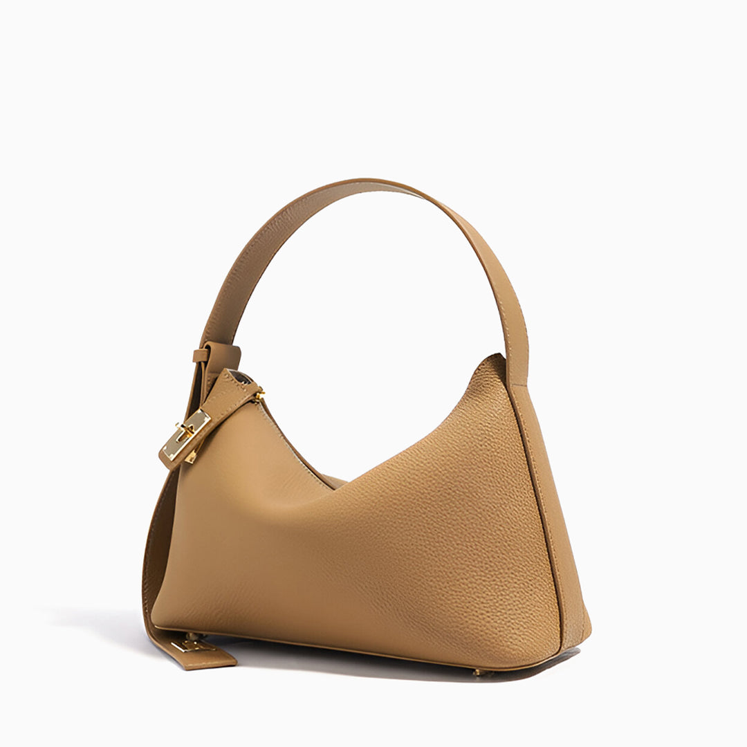 Damen Schultertasche Leder Strukturiert Camel Goldfarben