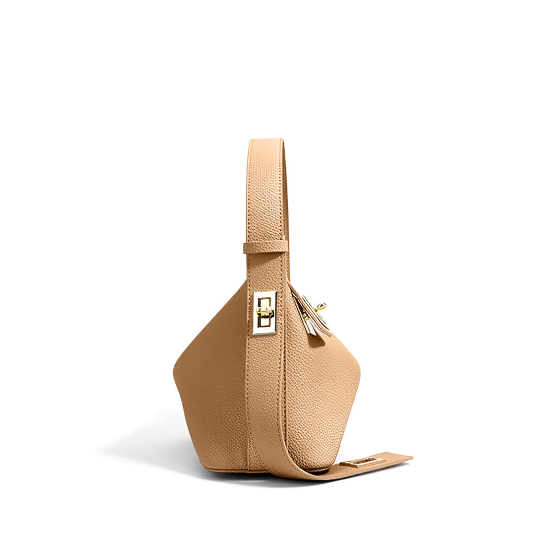 Damen Schultertasche Leder Strukturiert Camel Goldfarben