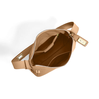 Damen Schultertasche Leder Strukturiert Camel Goldfarben