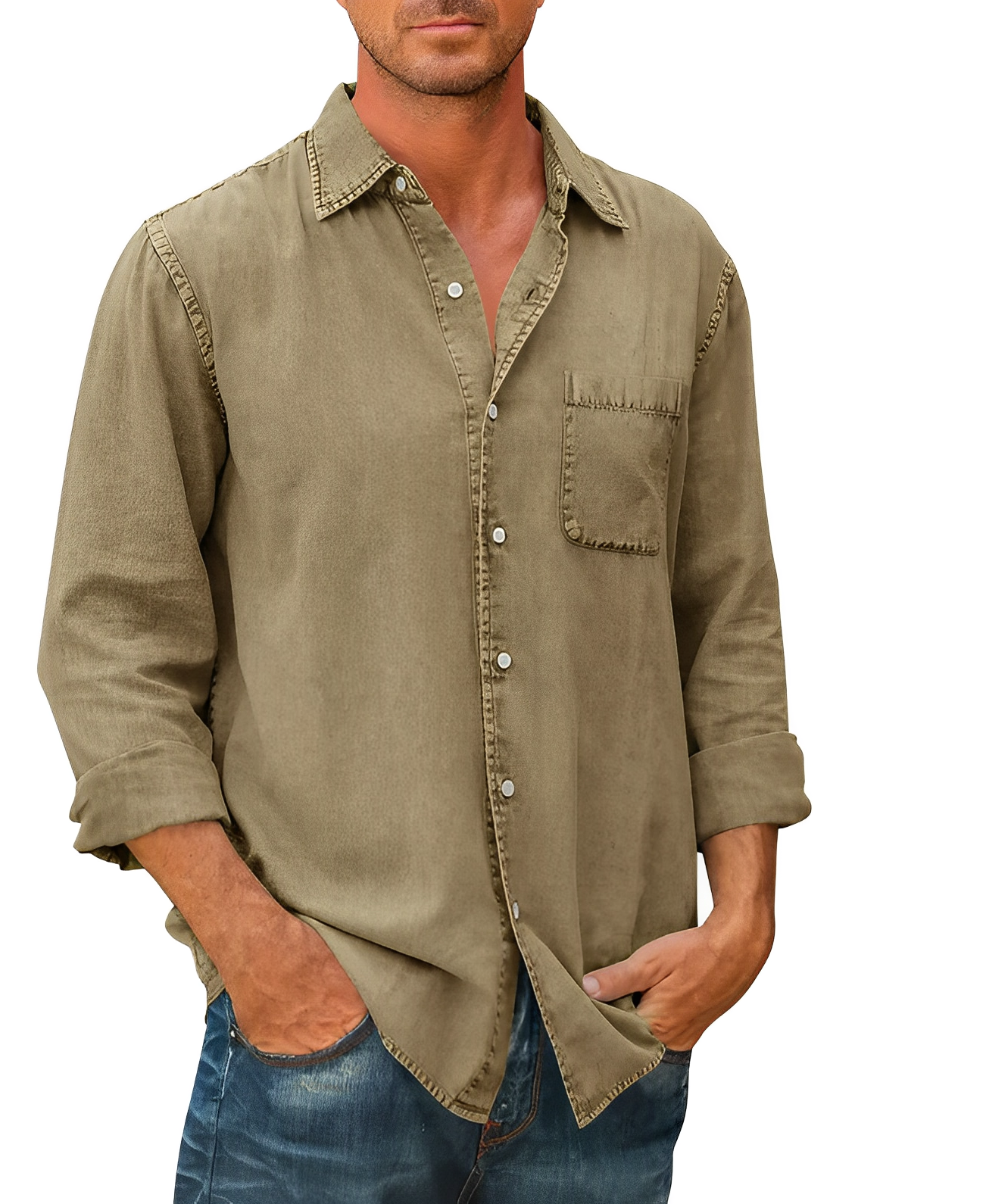 Herren Denim Langarmhemd mit Kragen und Knopfleiste - Norvielle