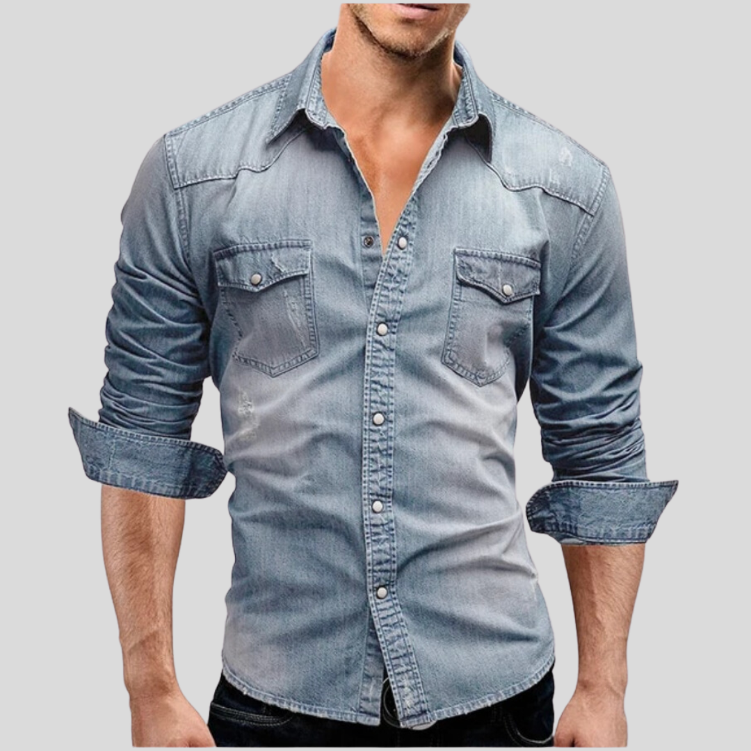 Herren Denim Langarmhemd Slim Fit Blau - Norvielle