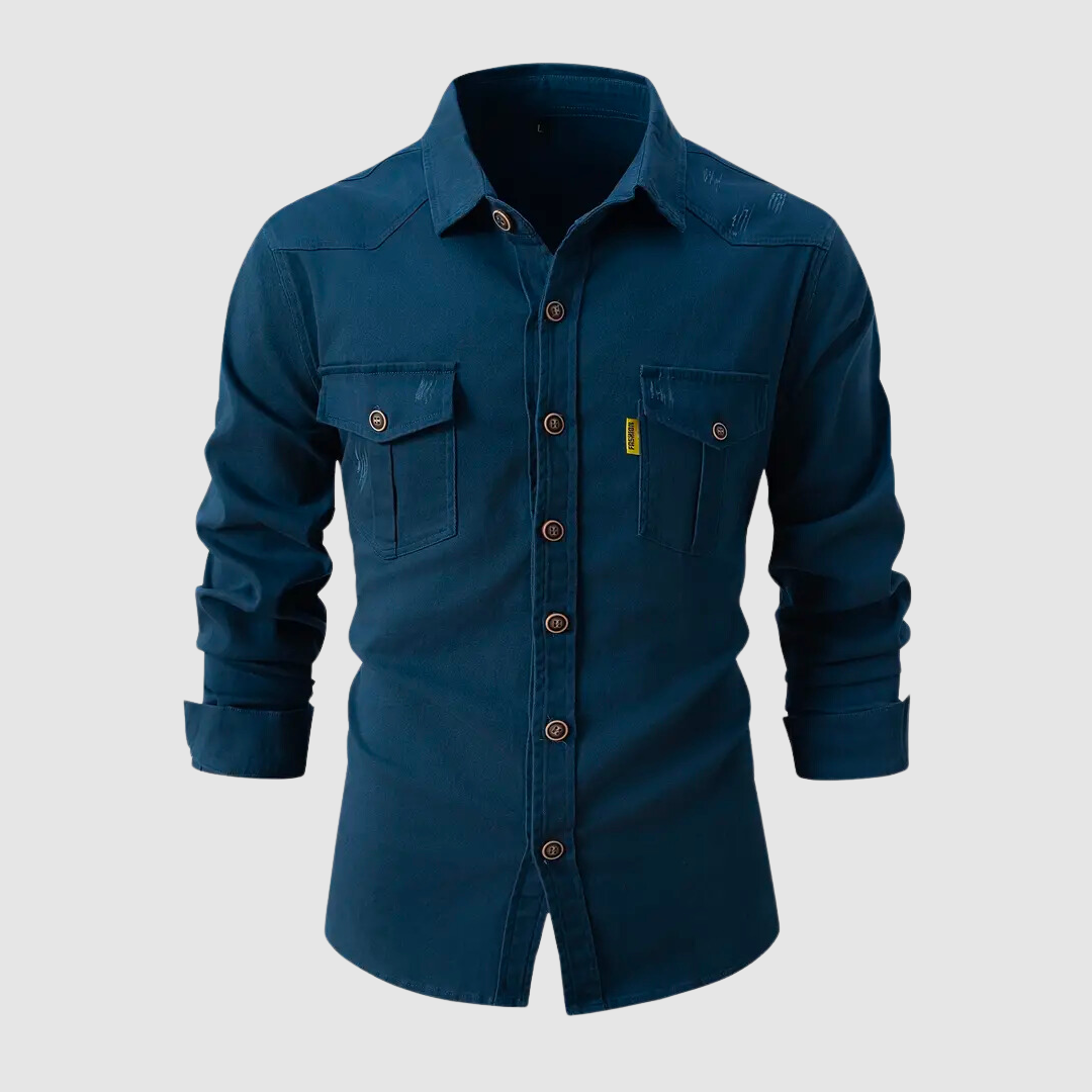Denim Hemd - Langärmeliges Hemd mit Brusttaschen für Männer-Dunkelblau-S-Chaps Herrenmode