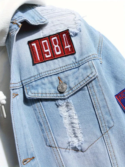 Denim Jacket - Casual - Hellblau - Jeansjacke mit Patches - Herrenjacke-Chaps Herrenmode