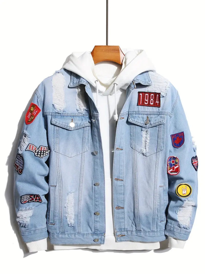 Herren Denim-Jeansjacke Hellblau Mit Patches - Norvielle
