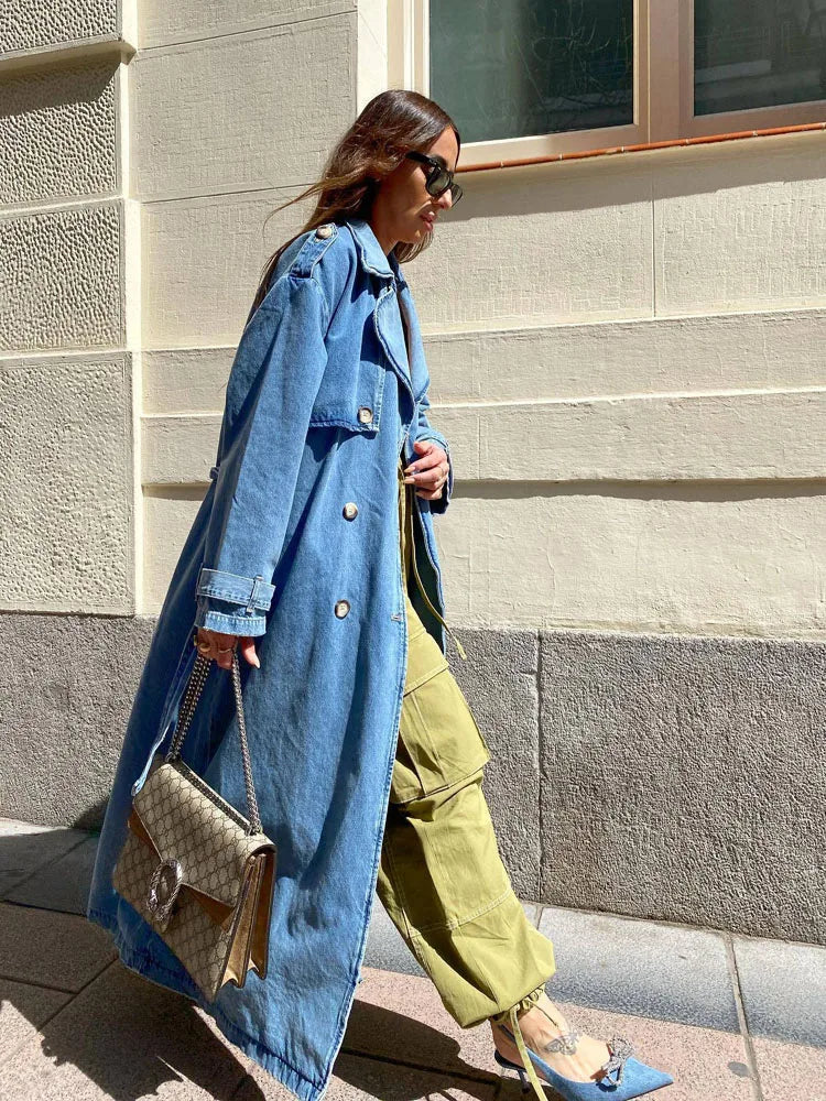 Damen Langer Jeans-Trenchcoat mit Gürtel
