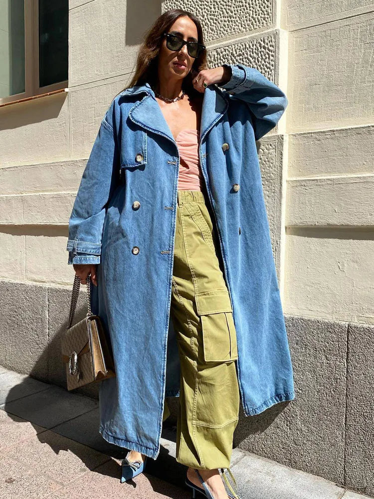 Damen Langer Jeans-Trenchcoat mit Gürtel - Norvielle