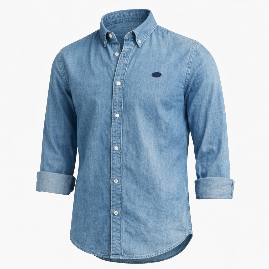 Herren Langarmhemd Denim Jeans Kentkragen