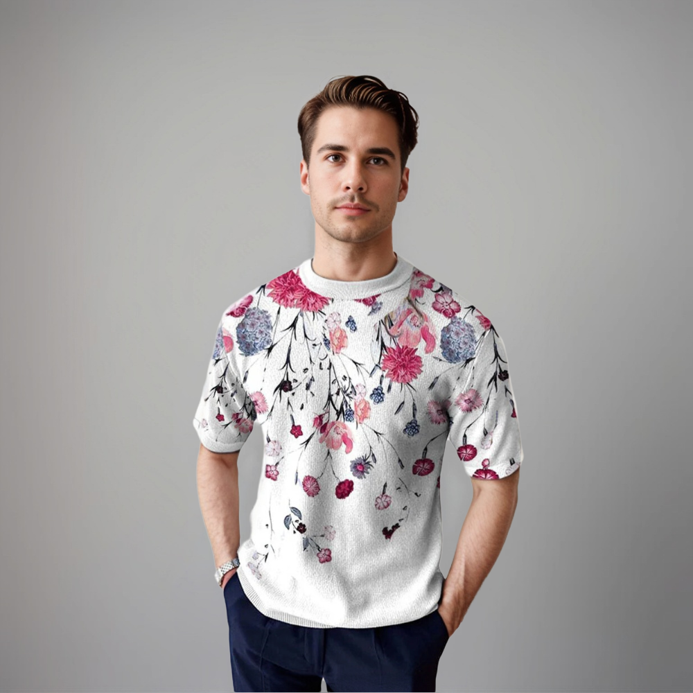 Herren Kurzarmhemd Floralmuster Baumwolle Weiß