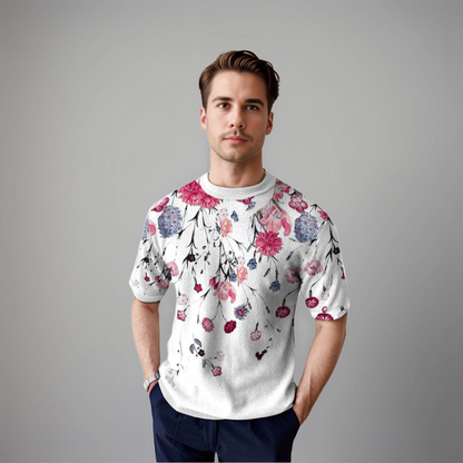Herren Kurzarmhemd Floralmuster Baumwolle Weiß