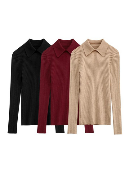 Three ribbed sweaters with a classic polo collar in three shades: Black, wine red, and khaki