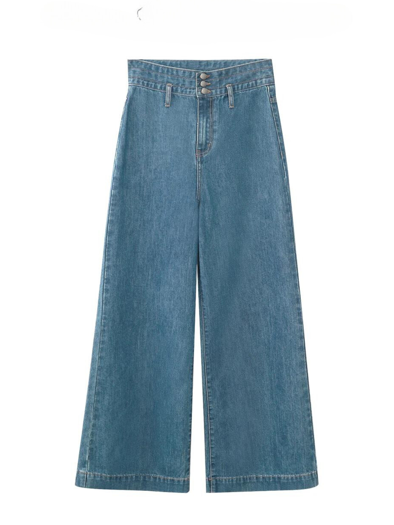 A pair of retro inspired, wide leg, ankle length, jeans with a three-button enclosure and cinched waist design against a plain white background.