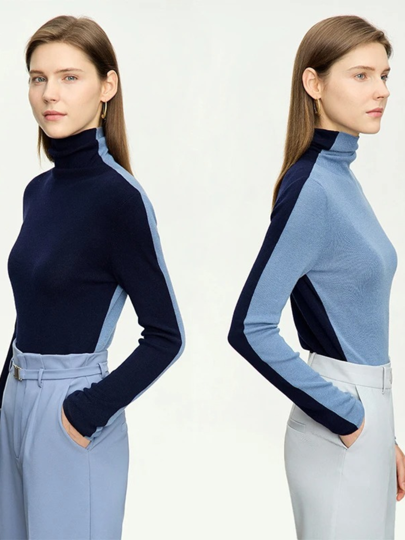 An image of a woman side by side  wearing a mock neck, dual toned sweater in light and dark blue showing off the two shades when worn in different styles.