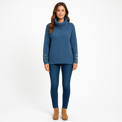 Damen Rollkragenpullover Warm Strick Knöpfe - Norvielle