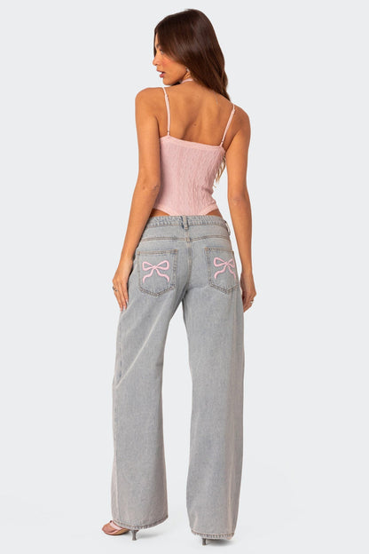 Damen Wide-Leg Jeans mit Stickereien Moderner Schnitt