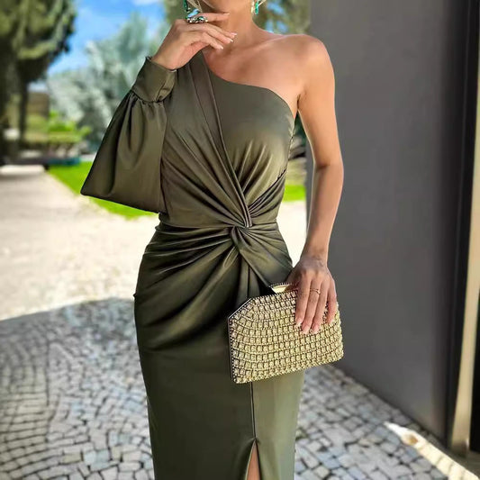 Norvielle Damenkleid Einfarbig Diagonaler Schulterknoten Schwarz - Norvielle