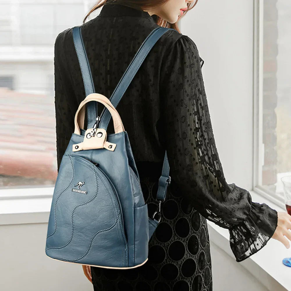 Damen Leder Rucksack Reißverschluss Sicherheitsrucksack Schwarz - Norvielle