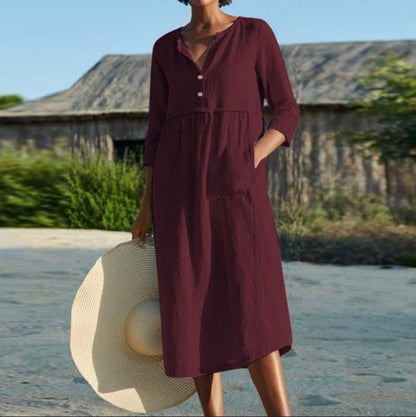 Elarova Baumwoll-Leinen Kleid mit mittel langen Ärmeln