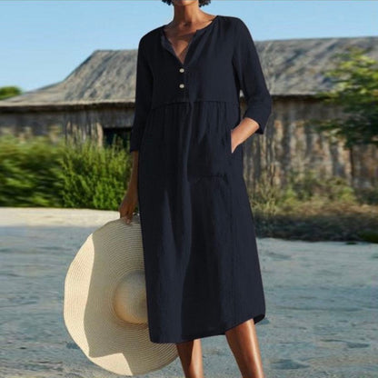 Elarova Baumwoll-Leinen Kleid mit mittel langen Ärmeln