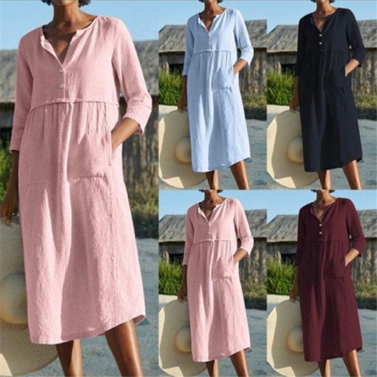 Norvielle Damenkleid Baumwoll-Leinen Mittelärmelig - Norvielle