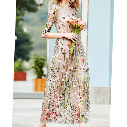 Damen Blumenkleid Boho-Stil Mesh-Einsatz - Norvielle
